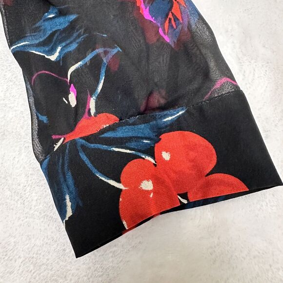 DKNY Black Red Floral Neck Bow Tie 3/4 Sleeve Semi-Sheer Blouse w/Camisole Sz M - Picture 16 of 16